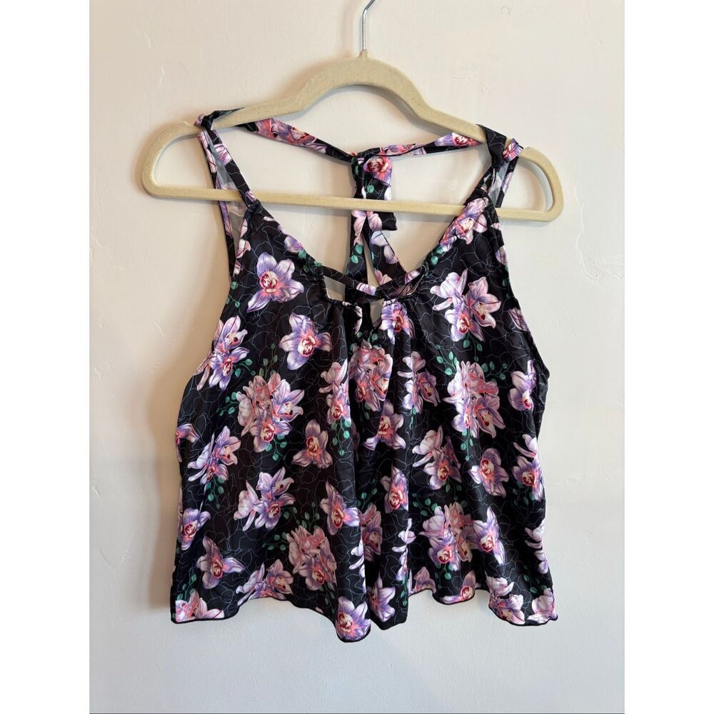 Vixxen Sleeveless Floral Top Large Black Purple Green V Neck Adjustable Tie